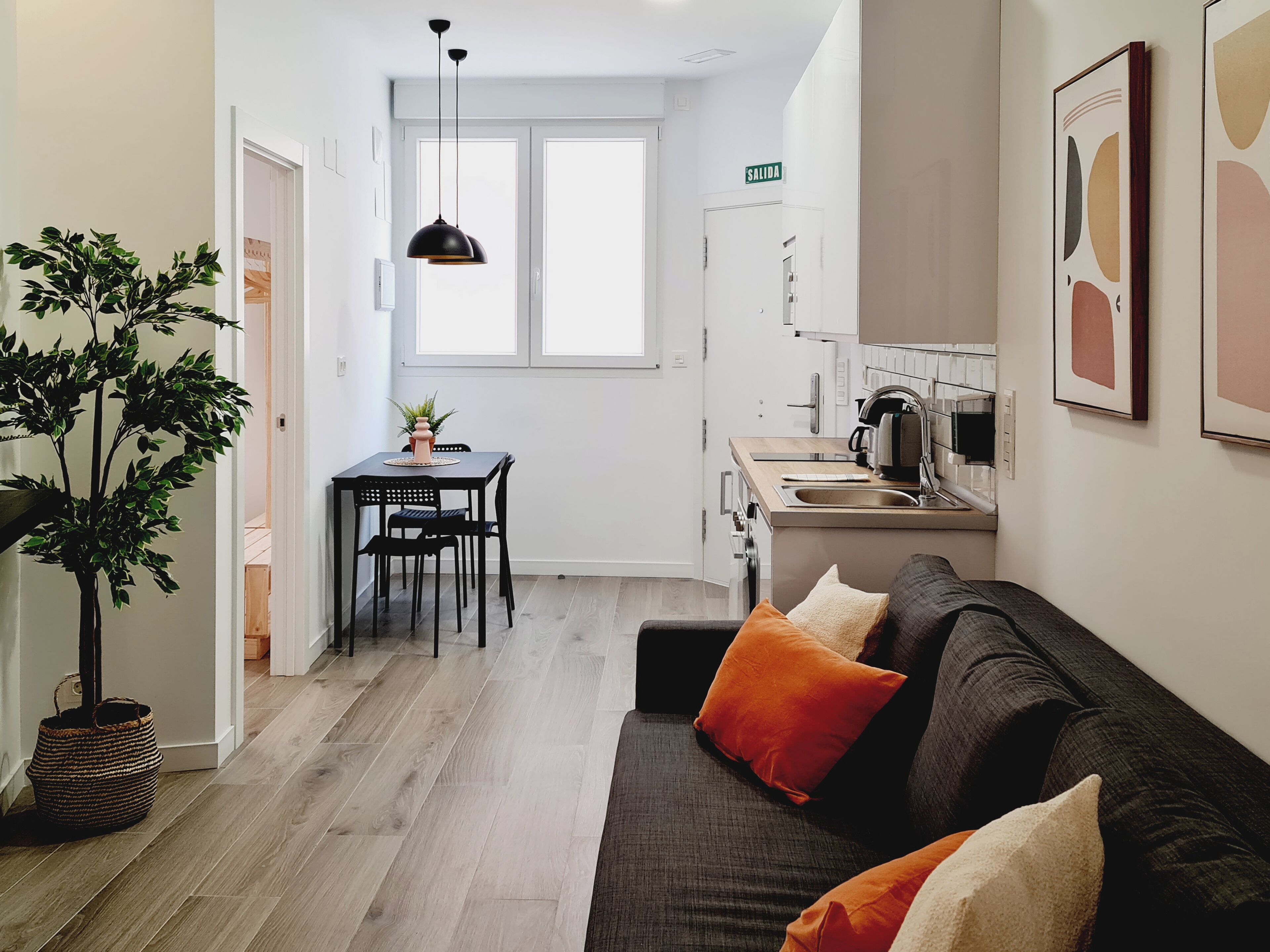 Eine moderne Wohnung mit Essbereich, Küchenzeile und Wohnzimmer mit Sofa und Kissen.