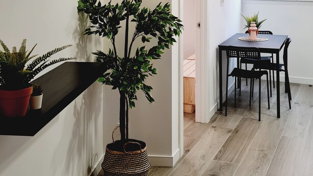 Een moderne keuken met een zwart aanrecht, een potplant en een eethoek met een tafel en stoelen.