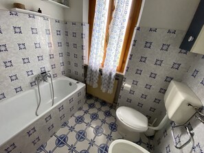 Hair dryer, bidet, towels, soap