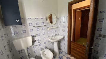 Hair dryer, bidet, towels, soap