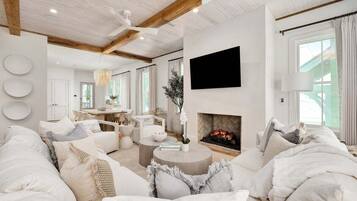Smart TV, fireplace, books