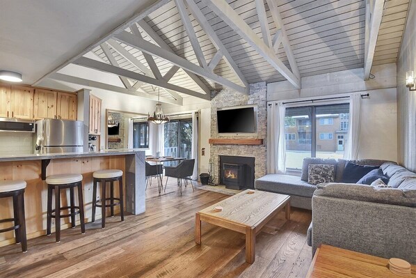 TV, fireplace, foosball