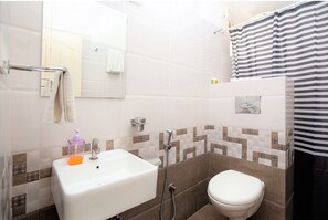Douche, séchoir à cheveux, serviettes fournies, savon