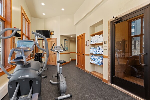 Stay active and refreshed during your getaway with easy access to cardio equipment, fresh towels, and a private sauna for unwinding after your workout.