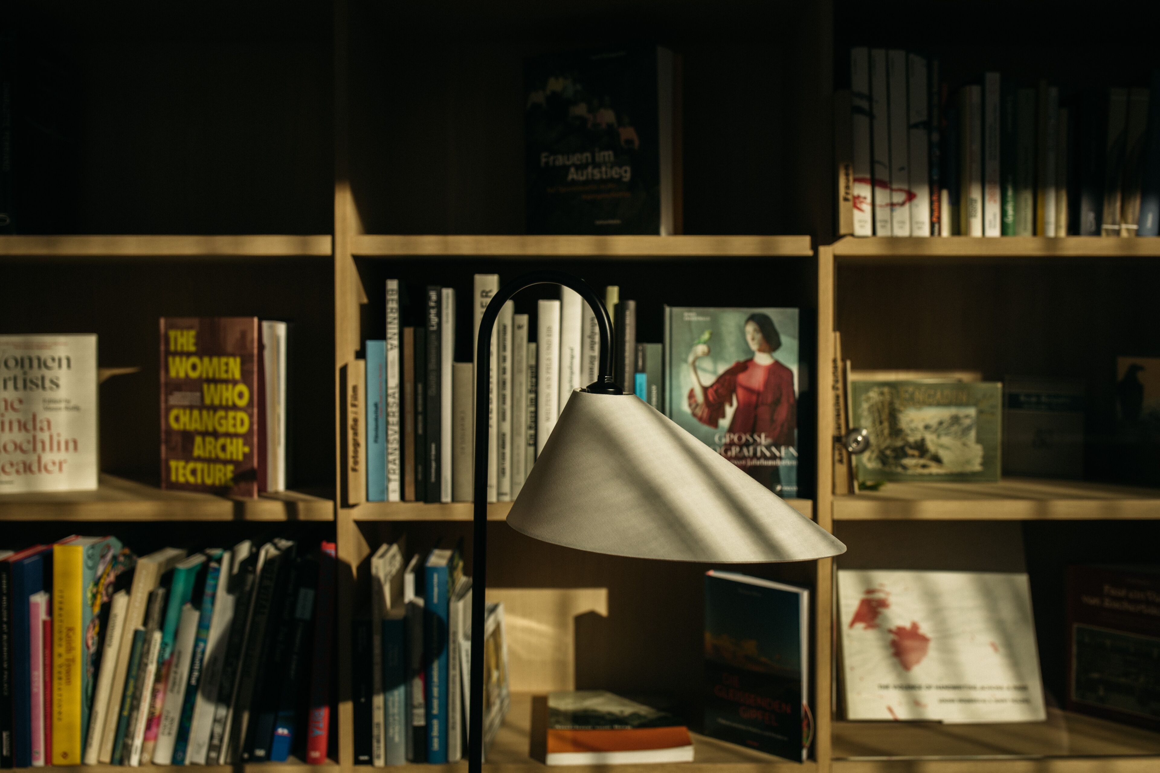 Una estantería con varios libros, una lámpara y un cartel sobre mujeres que transformaron la arquitectura.