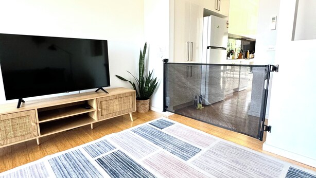 A modern living room with a flat-screen TV, wooden entertainment unit, and a patterned rug. - Stunning Family Retreat Perfect Location (melbourne)