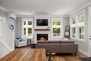 TV, fireplace, books, computer monitors