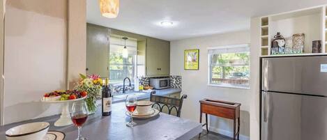 Fridge, microwave, coffee/tea maker, toaster