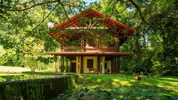 Een tweelaags houten huis met een rood dak, omgeven door weelderige begroeiing en een vijver met waterlelies.