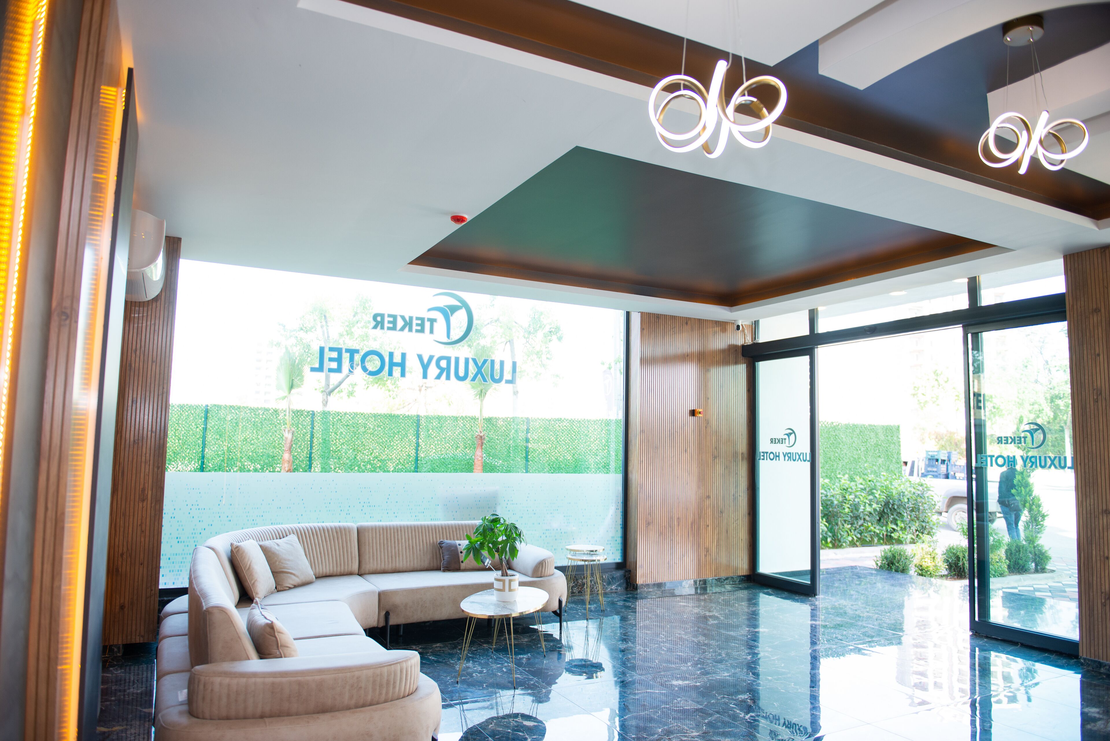 A modern hotel lobby with a curved sofa, a small table with a plant, and a large window offering a view of the outdoors.