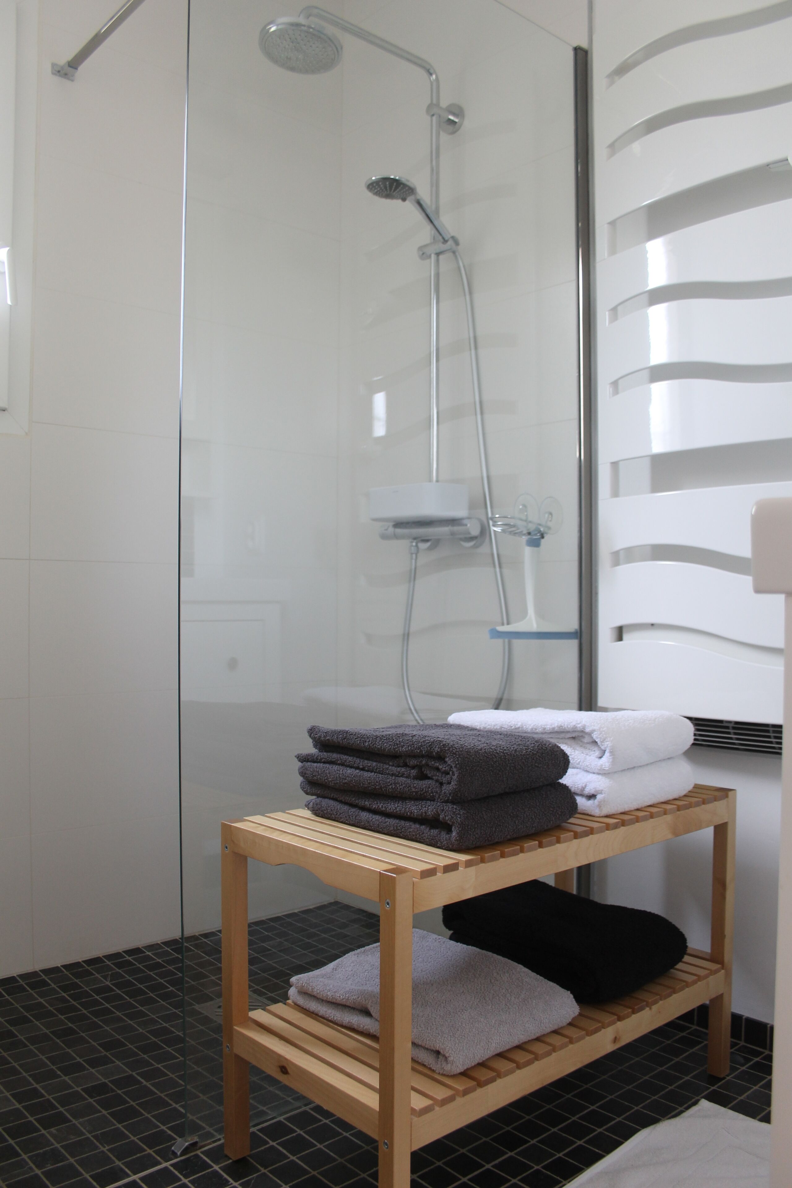 Douche, séchoir à cheveux, serviettes fournies, savon