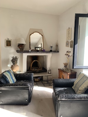 Una Smart TV, una chimenea, libros