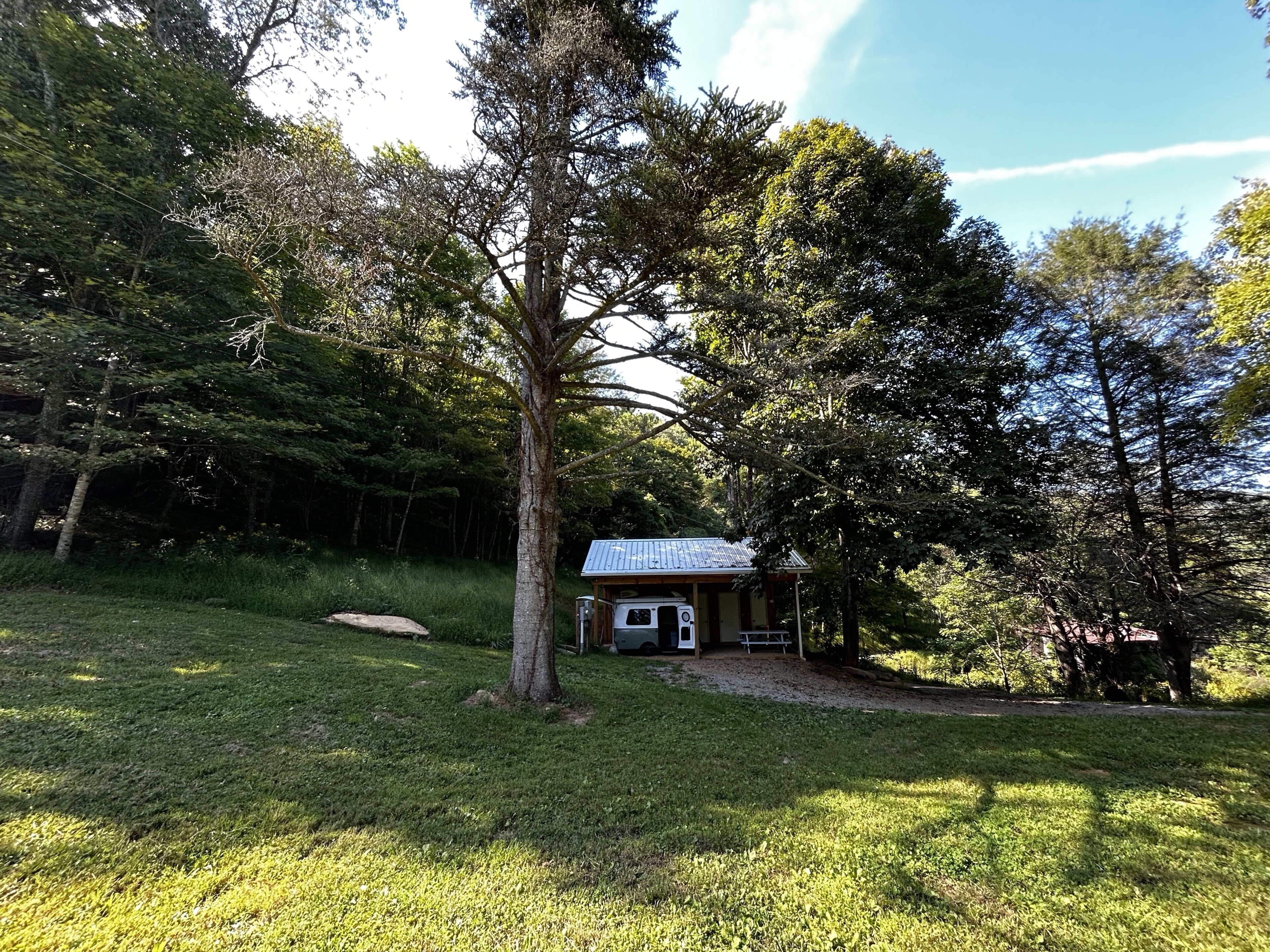 Eine kleine Holzhütte mit Metalldach, umgeben von dichtem Wald.