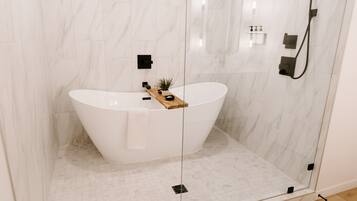 Hair dryer, towels, soap, shampoo