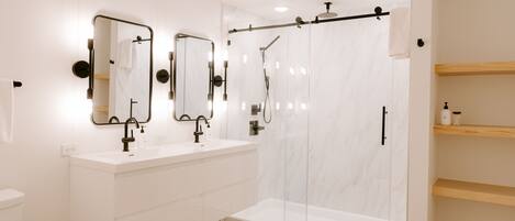 Shower, hair dryer, towels, soap