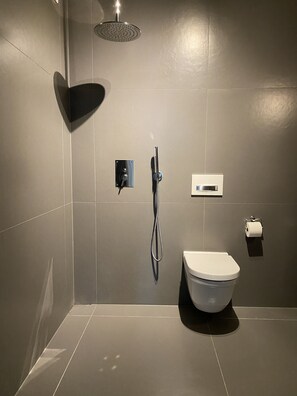 Douche, sèche-cheveux, serviettes fournies, savon