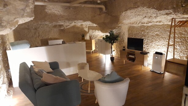 Ein modernes Wohnzimmer mit Steinwand, einer Couch, einem Couchtisch und einem Fernseher.