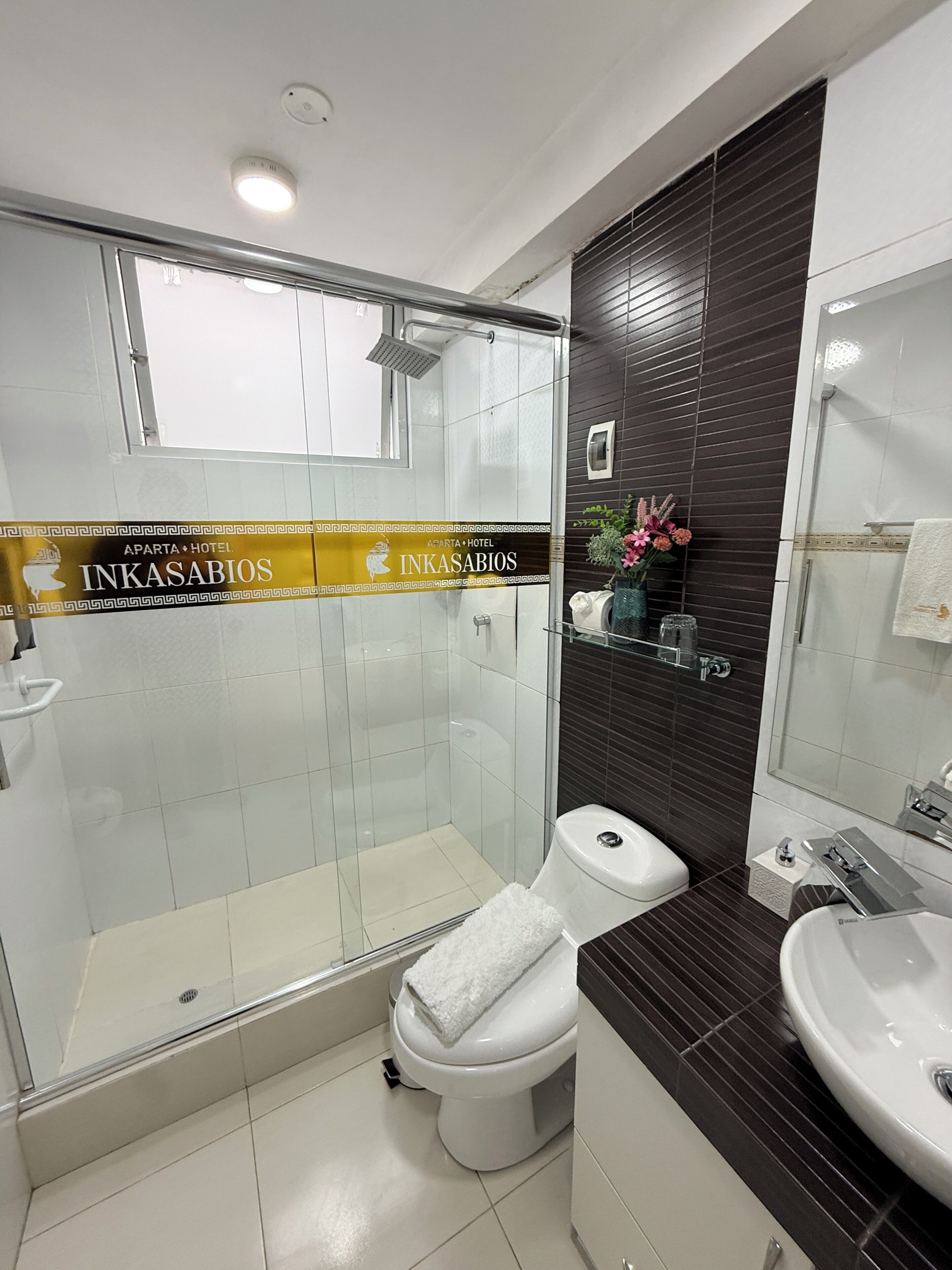 A modern bathroom with a glass-enclosed shower, a toilet, a sink, and a mirror.