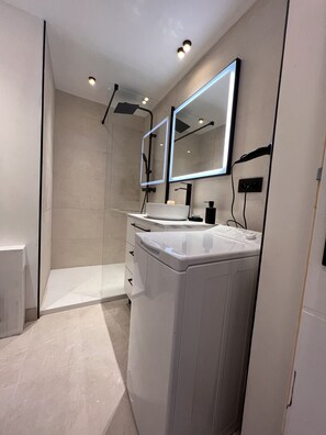 Hair dryer, towels, toilet paper