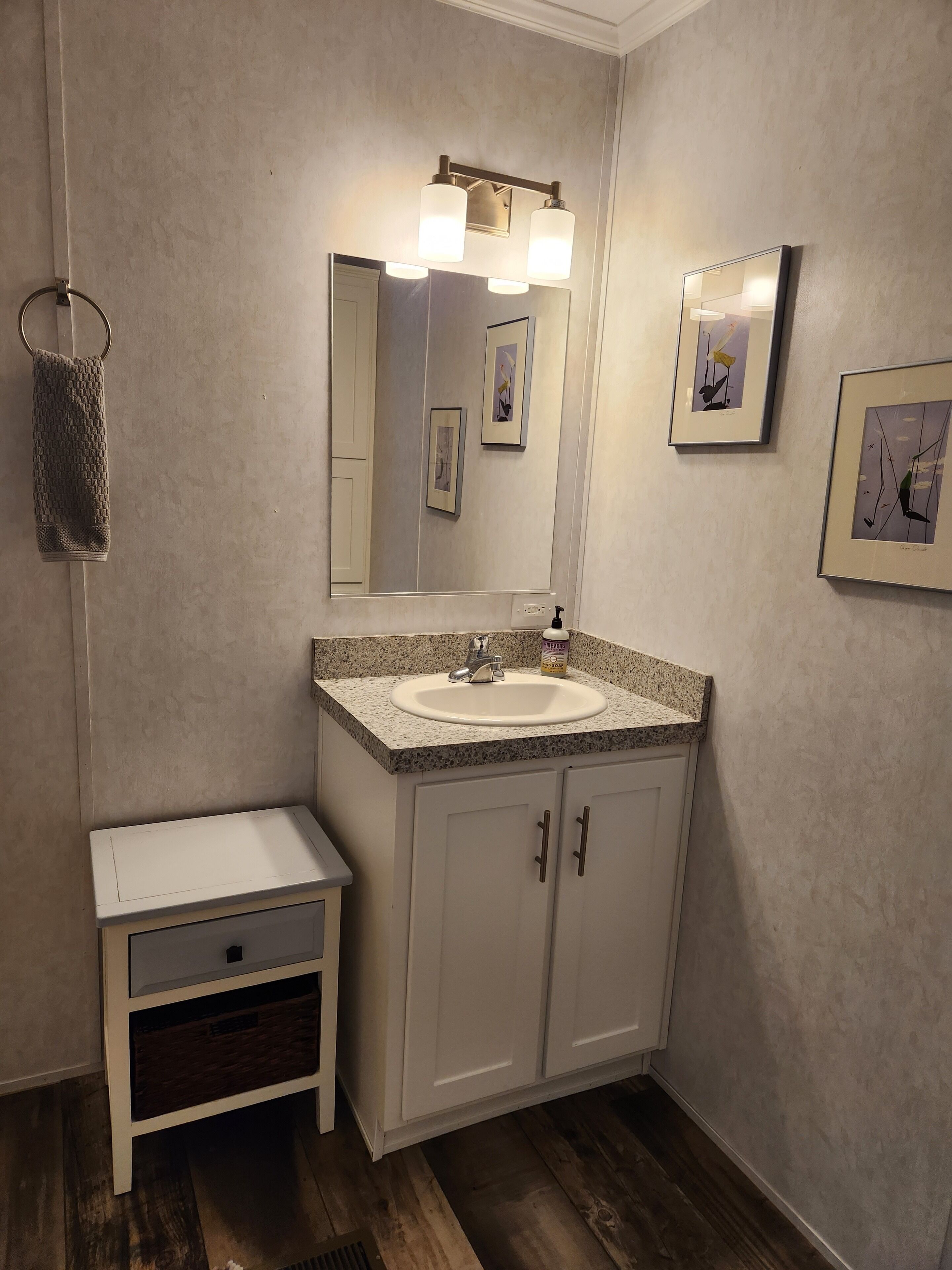 Ein Badezimmer mit Waschbecken, Spiegel und gerahmten Bildern an der Wand.