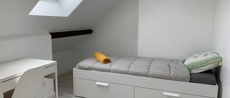 Habitación tipo dormitorio con cama alta, escritorio y tragaluz.