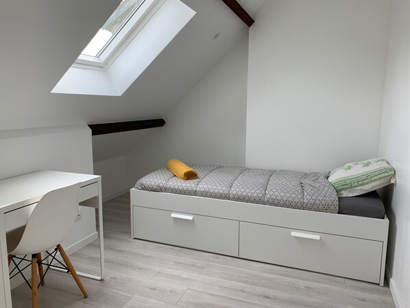Une chambre de type dortoir avec un lit en mezzanine, un bureau et une lucarne.