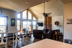 Smart TV, fireplace, books, stereo