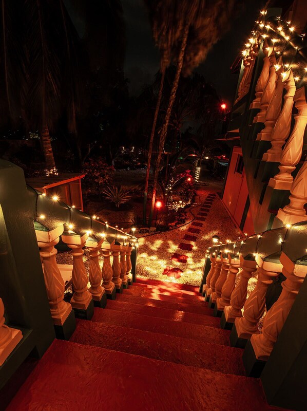 Una escalera de madera con balaustres e iluminación tenue, que conduce a un espacio cubierto con palmeras.