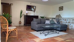 A living room with a grey sofa, a wicker chair, a fireplace, and a stone wall.