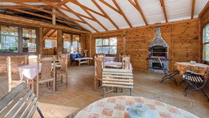 Un interno rustico in legno con un camino in pietra, tavoli e sedie di legno e ampie finestre.