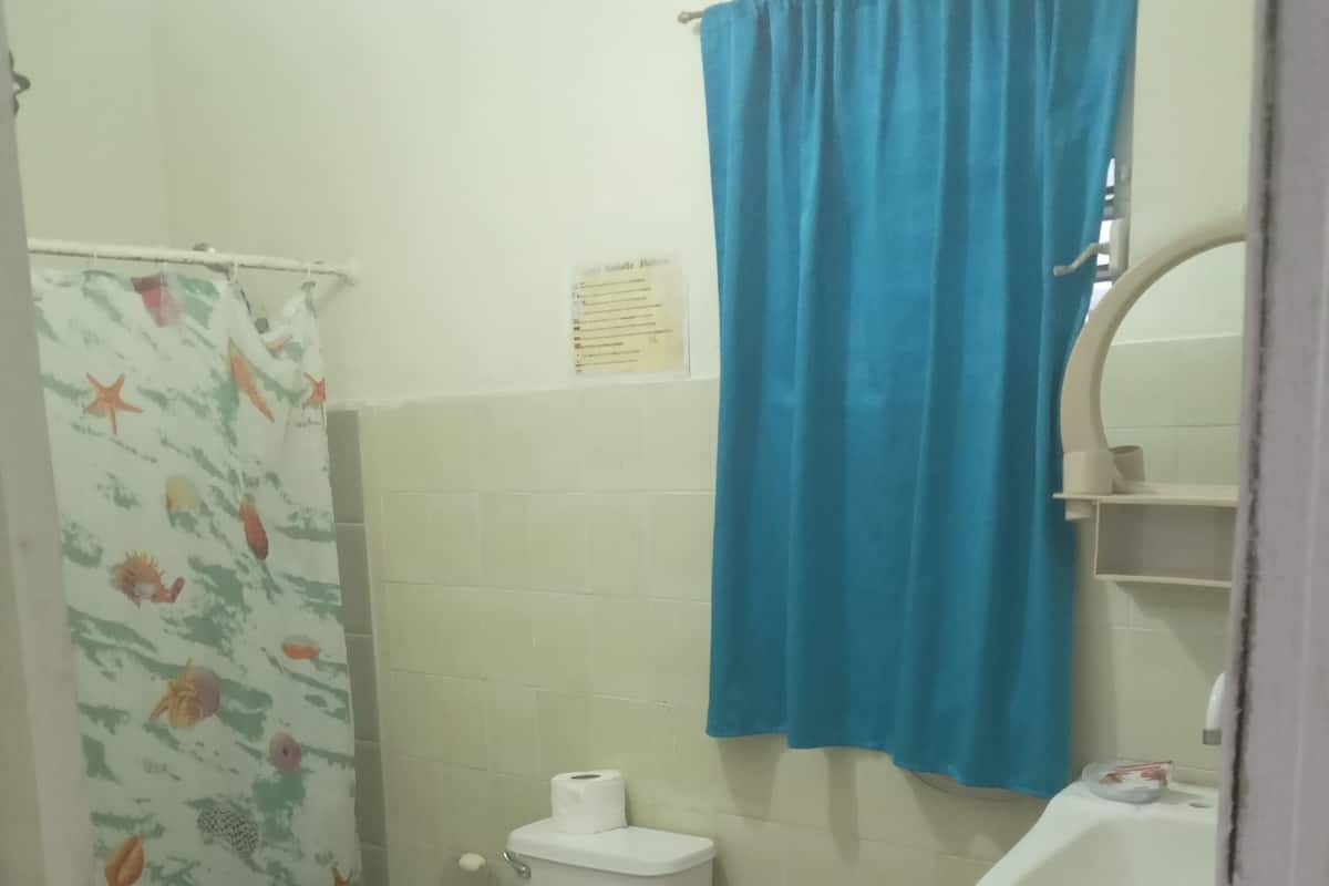 A small bathroom with a toilet, a sink, and a shower curtain.