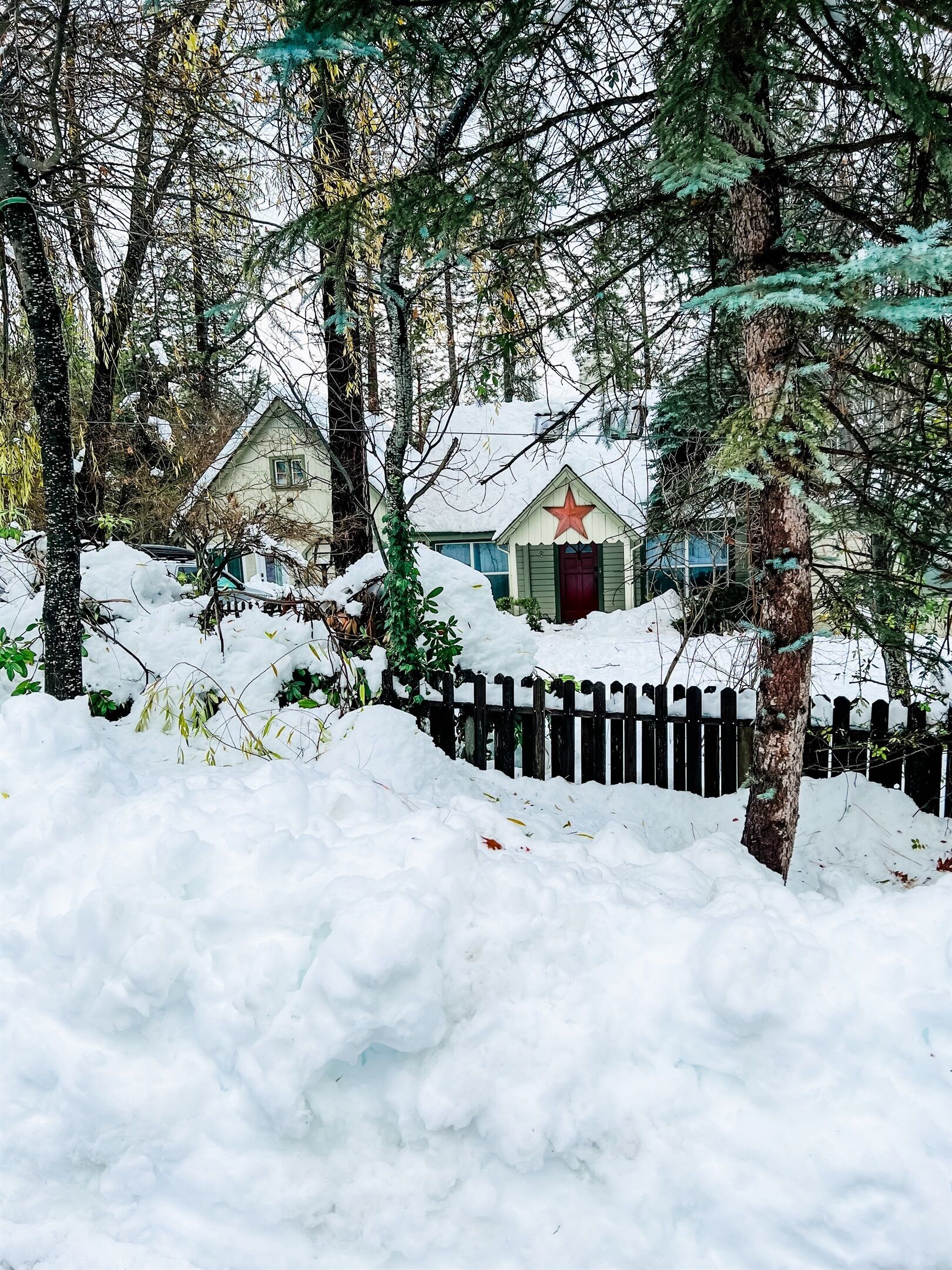 Paesaggio innevato con una casa, sul tetto una stella rossa, circondata da alberi e un recinto in legno.