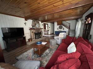 Smart TV, fireplace, DVD player, books