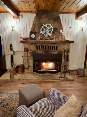 Smart TV, chimenea, reproductor de DVD, libros