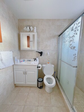 Shower, hair dryer, towels, soap