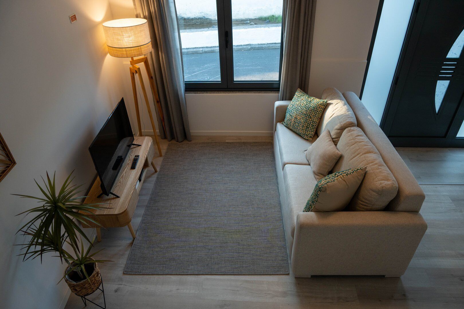 Una sala de estar moderna con un sofá, un televisor, una lámpara y vistas al exterior.