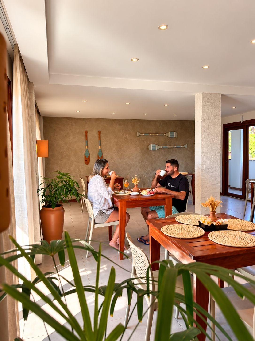 Un coin repas avec une table dressée pour deux personnes, entouré de plantes en pot, et un mur décoré de pagaies.