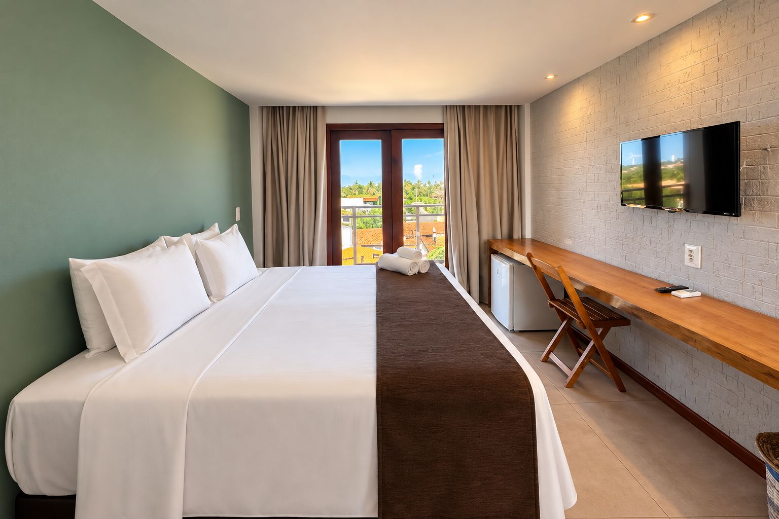 Una habitación de hotel con cama, escritorio, televisión y vistas al exterior.