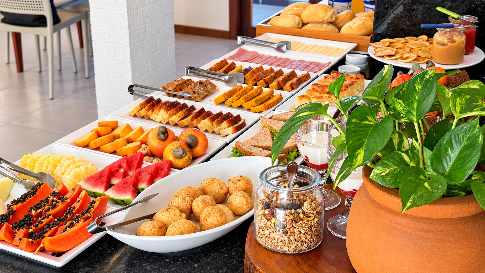 Ein Buffet mit verschiedenen Speisen, darunter Früchte, Gebäck und einer Pflanze.