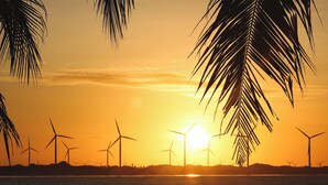 A sunset over a beach with palm trees and wind turbines in the background. - HOTEL ICARAI BEACH (Amontada)
