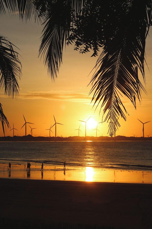 Een zonsondergang boven een strand, met palmbomen en windturbines in de verte.