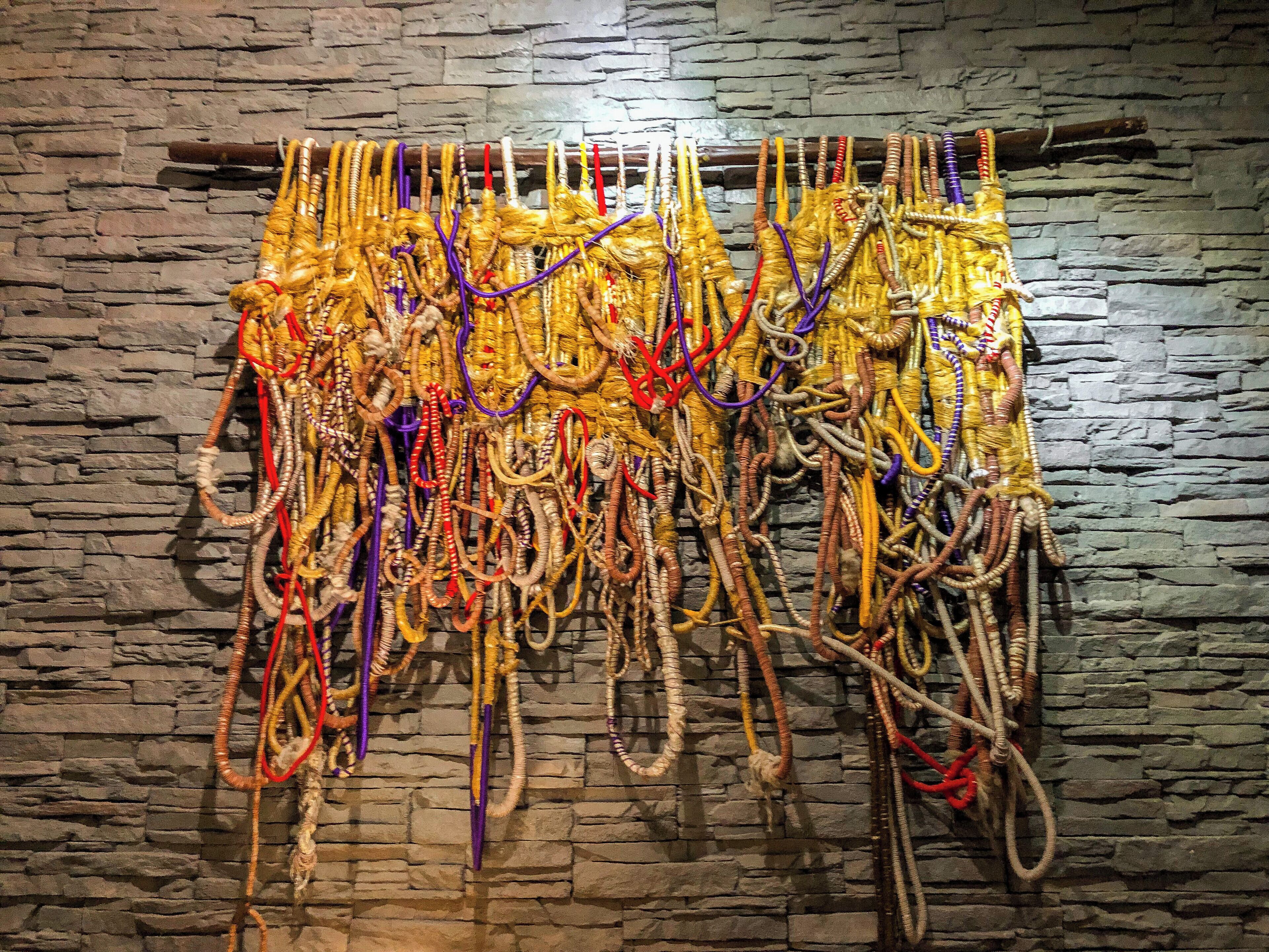 A wall with a variety of ropes and cords hanging in a dense, organized arrangement.