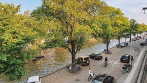 A riverside street with parked cars and bicycles, trees lining the path, and a clear sky. - Canal View Stay Amsterdam (Amsterdam)