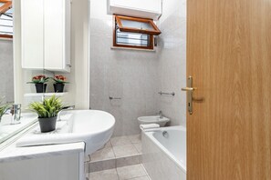 Shower, hair dryer, bidet, towels