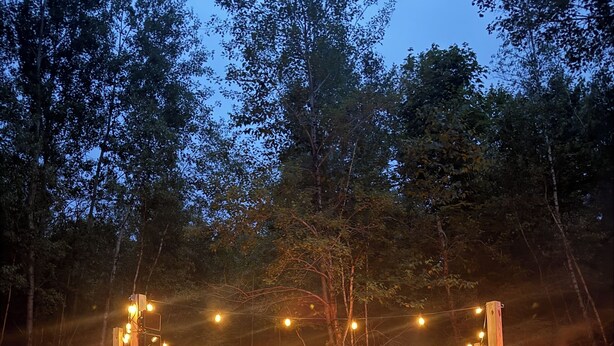 An outdoor seating area with Adirondack chairs, a fire pit, and string lights. - The Hidden Oasis, Duplex A. Close to almost everything! (Enfield)