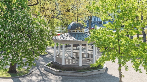 A gazebo with a dome roof surrounded by trees.