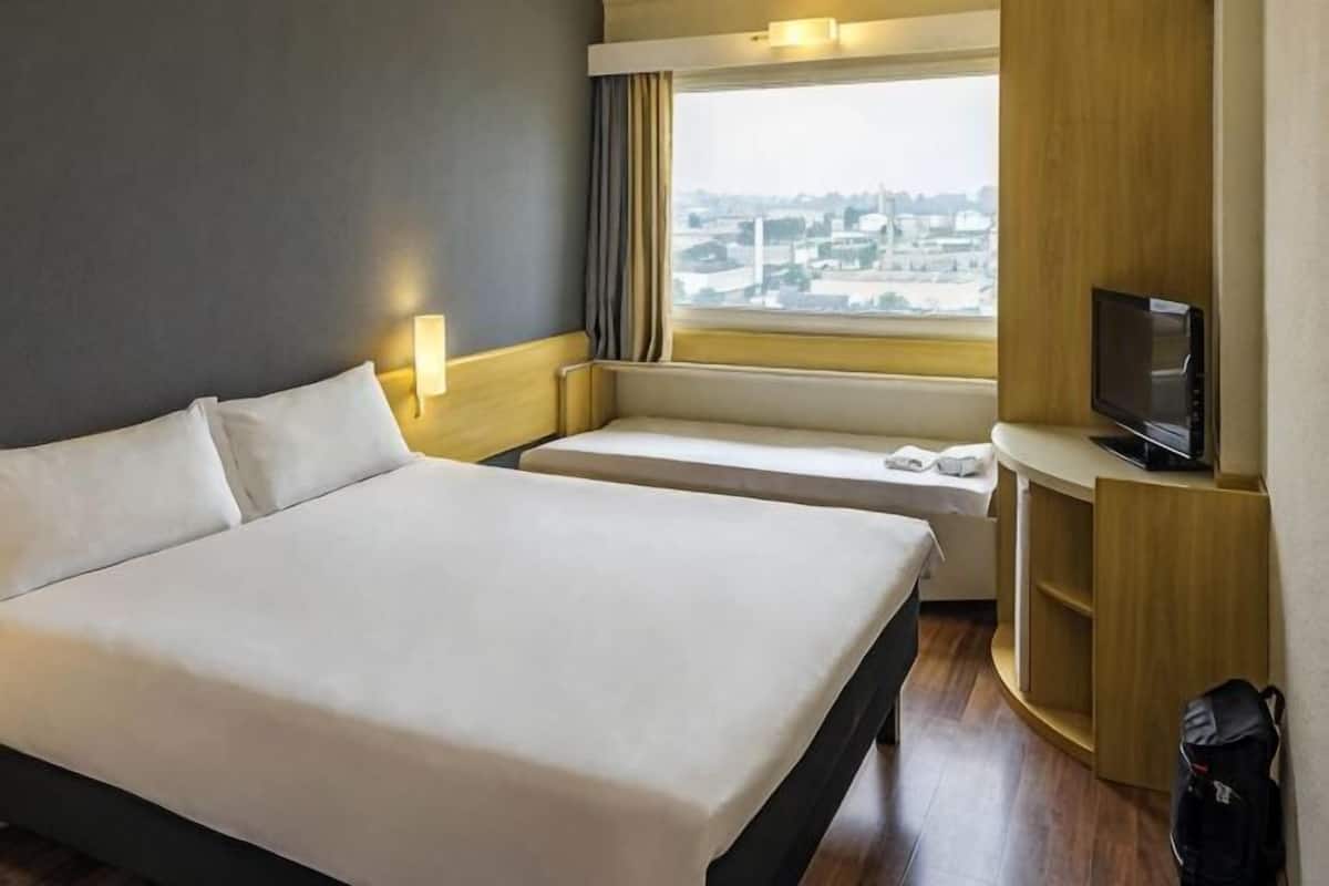 Habitación de hotel con una cama grande, televisión, ventana con vistas a la ciudad y una pequeña zona de estar.