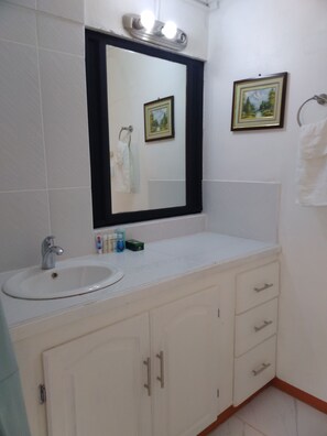 Shower, towels, soap, toilet paper