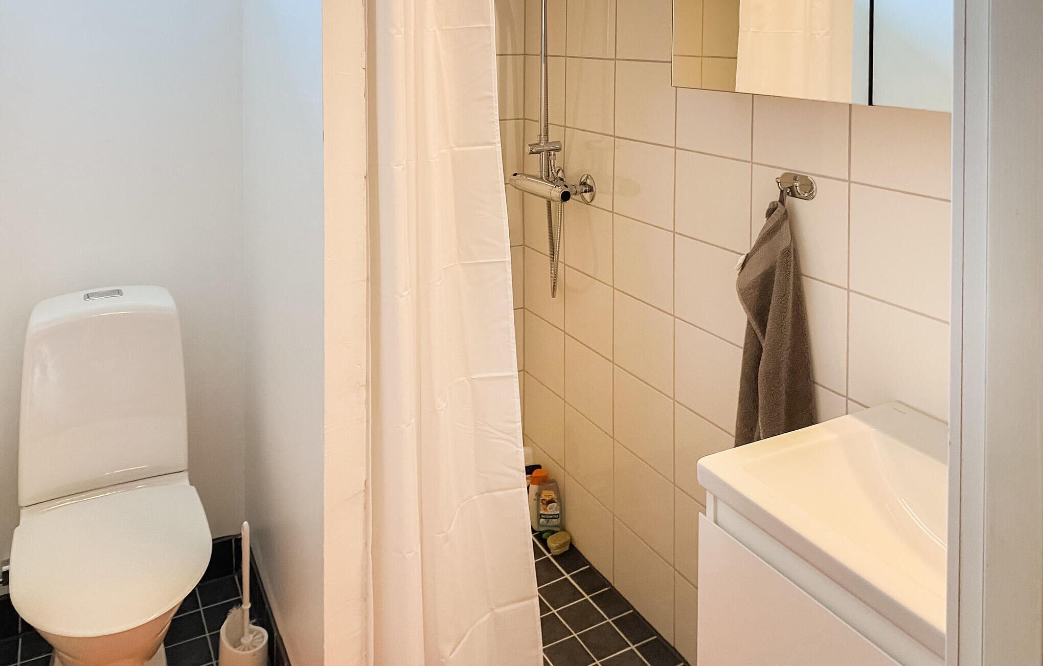 Een badkamer met toilet, douche en wastafel.