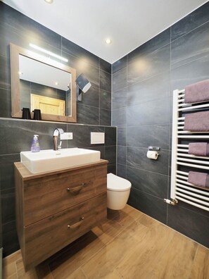 Shower, hair dryer, towels